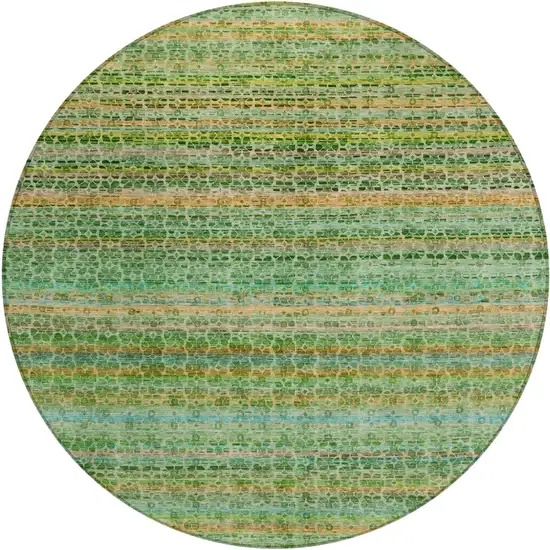 8' Teal Blue Lime Green And Coral Round Striped Washable Indoor Outdoor Area Rug Photo 1