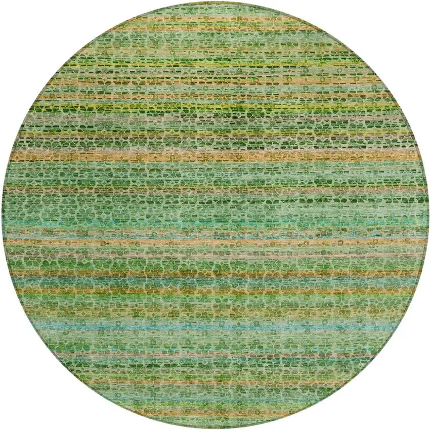 8' Teal Blue Lime Green And Coral Round Striped Washable Indoor Outdoor Area Rug Photo 1