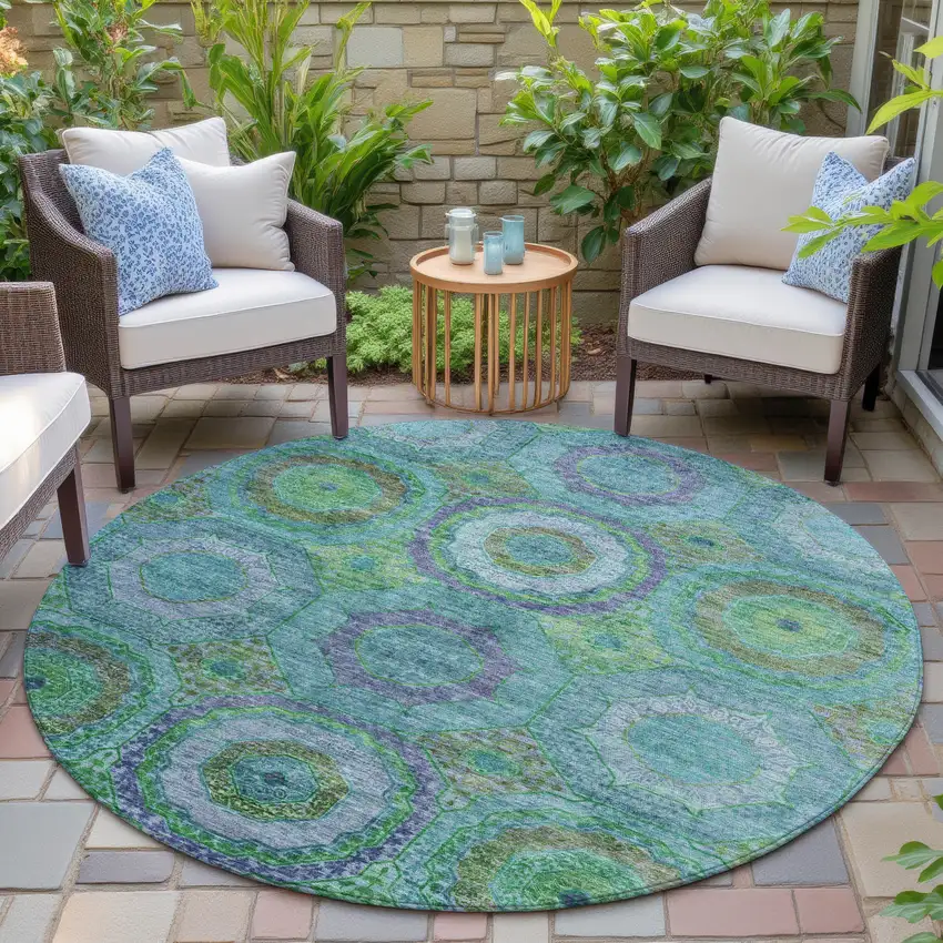 8' Teal Blue Lime Green And Purple Round Geometric Washable Indoor Outdoor Area Rug Photo 6
