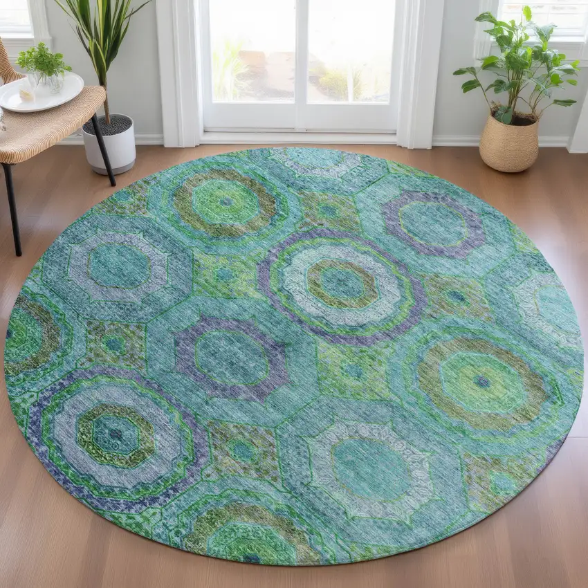 8' Teal Blue Lime Green And Purple Round Geometric Washable Indoor Outdoor Area Rug Photo 5