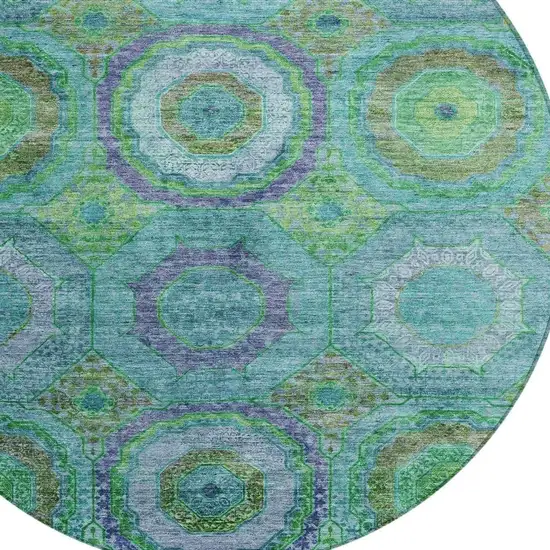 8' Teal Blue Lime Green And Purple Round Geometric Washable Indoor Outdoor Area Rug Photo 4