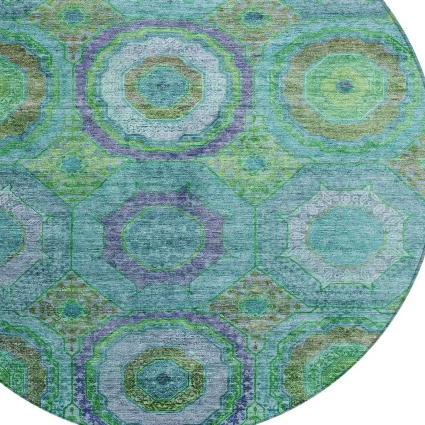 8' Teal Blue Lime Green And Purple Round Geometric Washable Indoor Outdoor Area Rug Photo 4