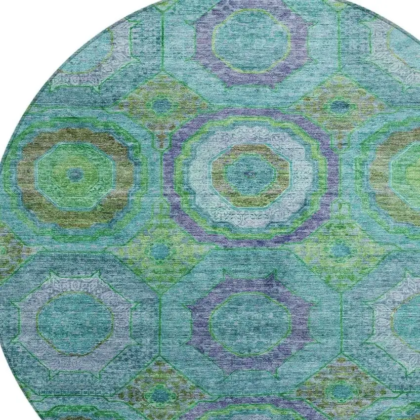 8' Teal Blue Lime Green And Purple Round Geometric Washable Indoor Outdoor Area Rug Photo 8