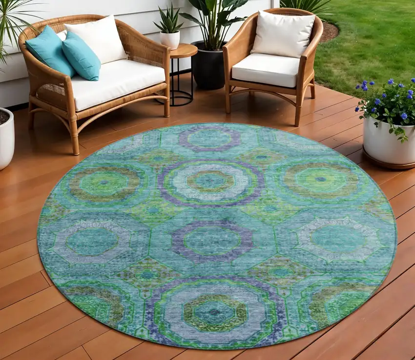 8' Teal Blue Lime Green And Purple Round Geometric Washable Indoor Outdoor Area Rug Photo 2