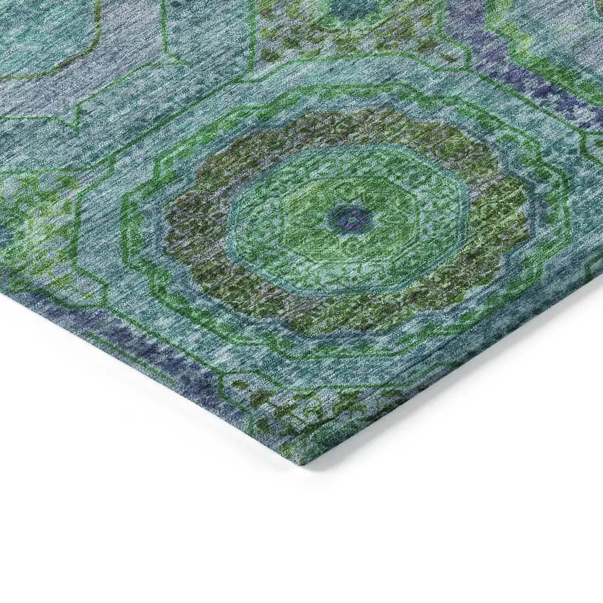 8' Teal Blue Lime Green And Purple Round Geometric Washable Indoor Outdoor Area Rug Photo 7