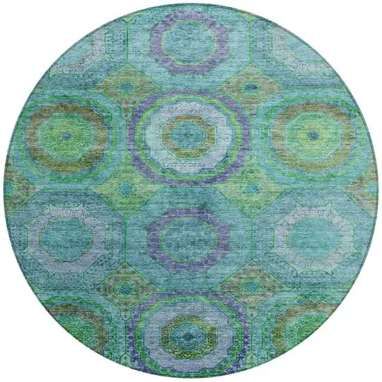 8' Teal Blue Lime Green And Purple Round Geometric Washable Indoor Outdoor Area Rug Photo 3