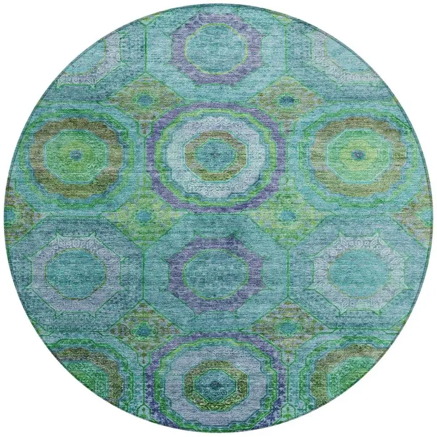 8' Teal Blue Lime Green And Purple Round Geometric Washable Indoor Outdoor Area Rug Photo 3