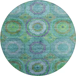 Photo of 8' Teal Blue Lime Green And Purple Round Geometric Washable Indoor Outdoor Area Rug