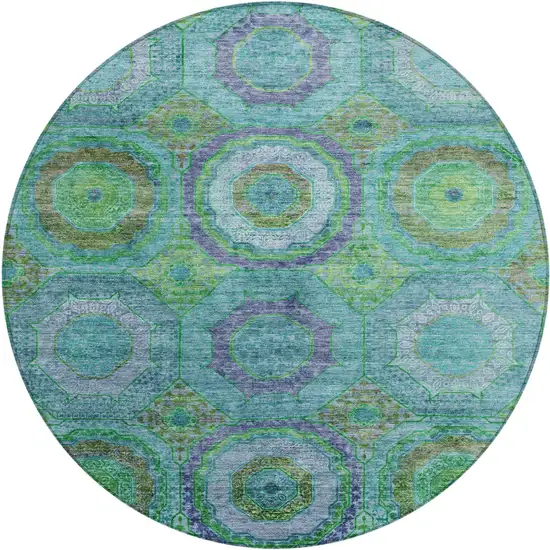 8' Teal Blue Lime Green And Purple Round Geometric Washable Indoor Outdoor Area Rug Photo 1