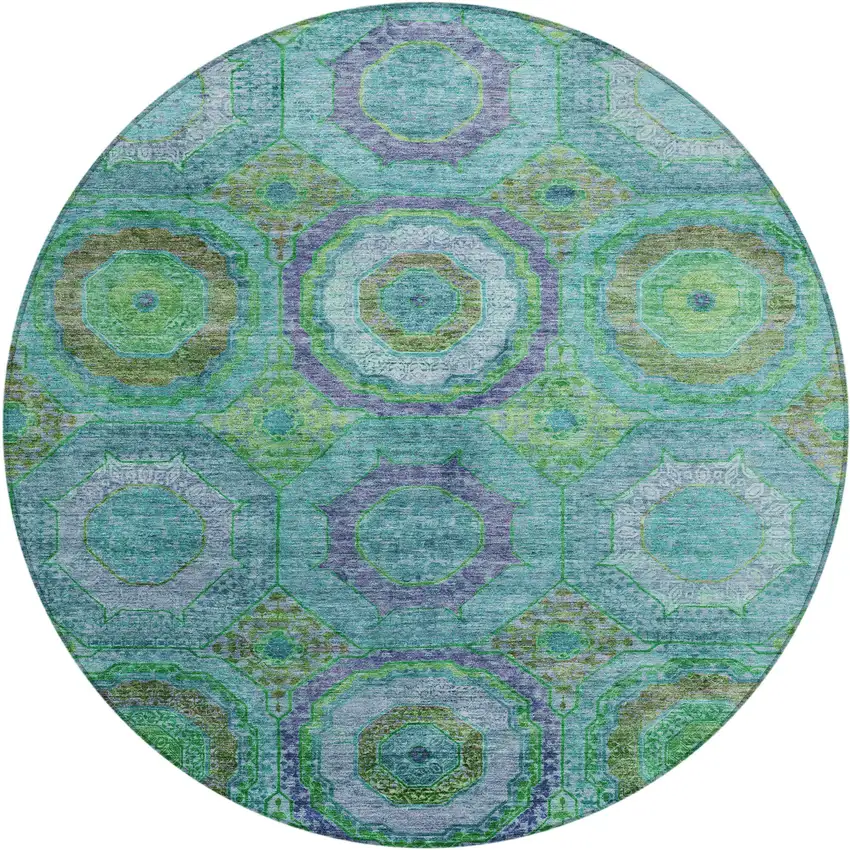 8' Teal Blue Lime Green And Purple Round Geometric Washable Indoor Outdoor Area Rug Photo 1
