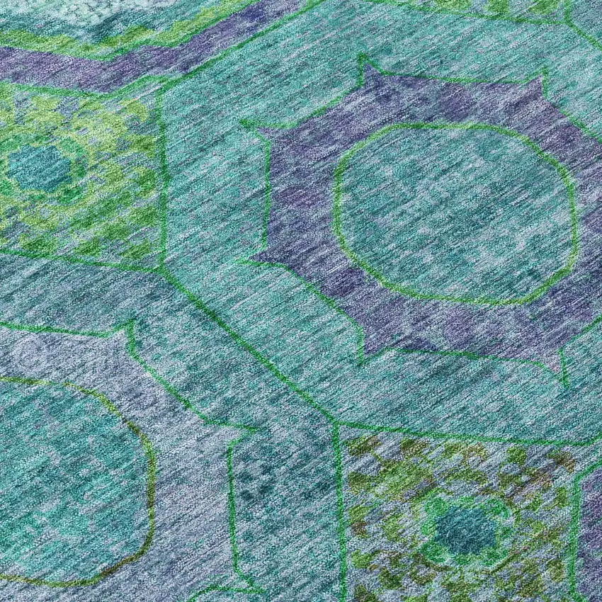 8' Teal Blue Lime Green And Purple Round Geometric Washable Indoor Outdoor Area Rug Photo 9