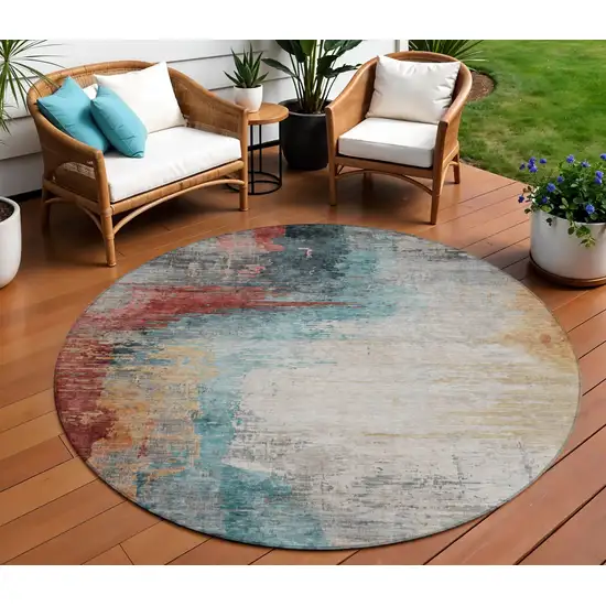 8' Teal Blue Mauve And Beige Round Abstract Washable Indoor Outdoor Area Rug Photo 2
