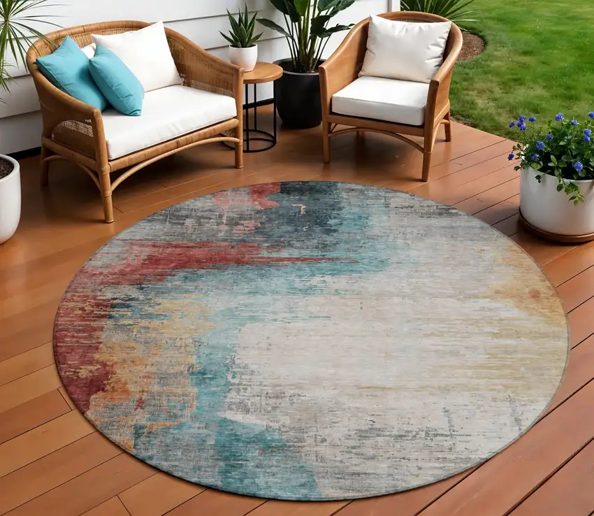 8' Teal Blue Mauve And Beige Round Abstract Washable Indoor Outdoor Area Rug Photo 2