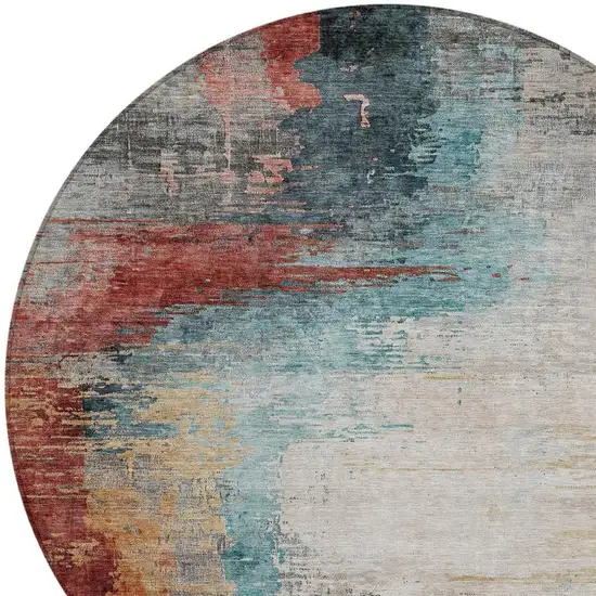 8' Teal Blue Mauve And Beige Round Abstract Washable Indoor Outdoor Area Rug Photo 9