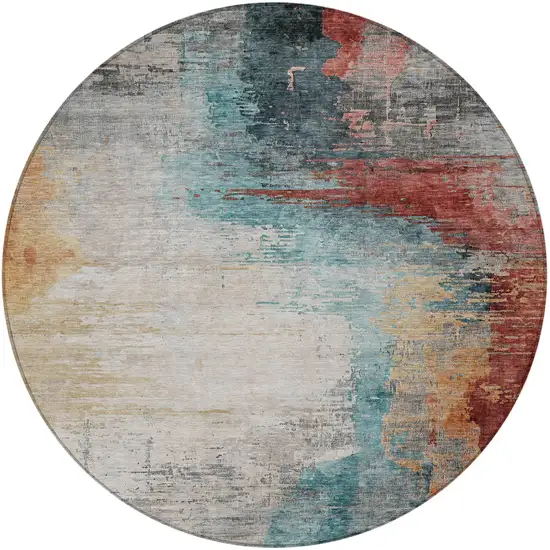 8' Teal Blue Mauve And Beige Round Abstract Washable Indoor Outdoor Area Rug Photo 3