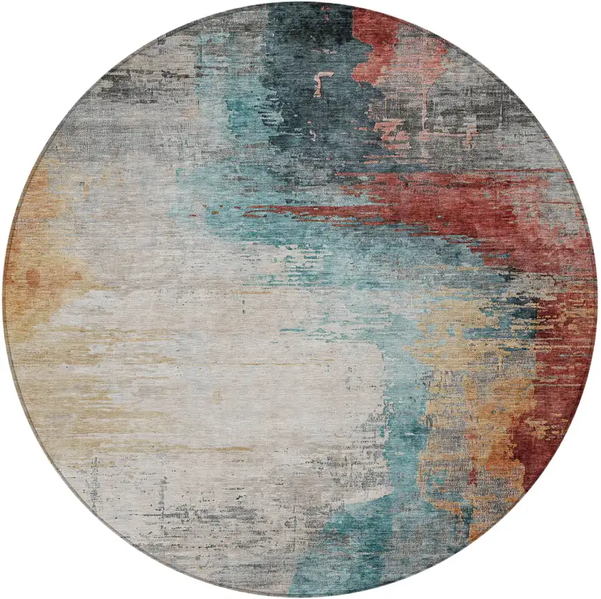 8' Teal Blue Mauve And Beige Round Abstract Washable Indoor Outdoor Area Rug Photo 3