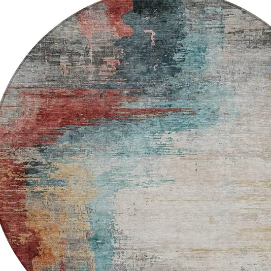 8' Teal Blue Mauve And Beige Round Abstract Washable Indoor Outdoor Area Rug Photo 4