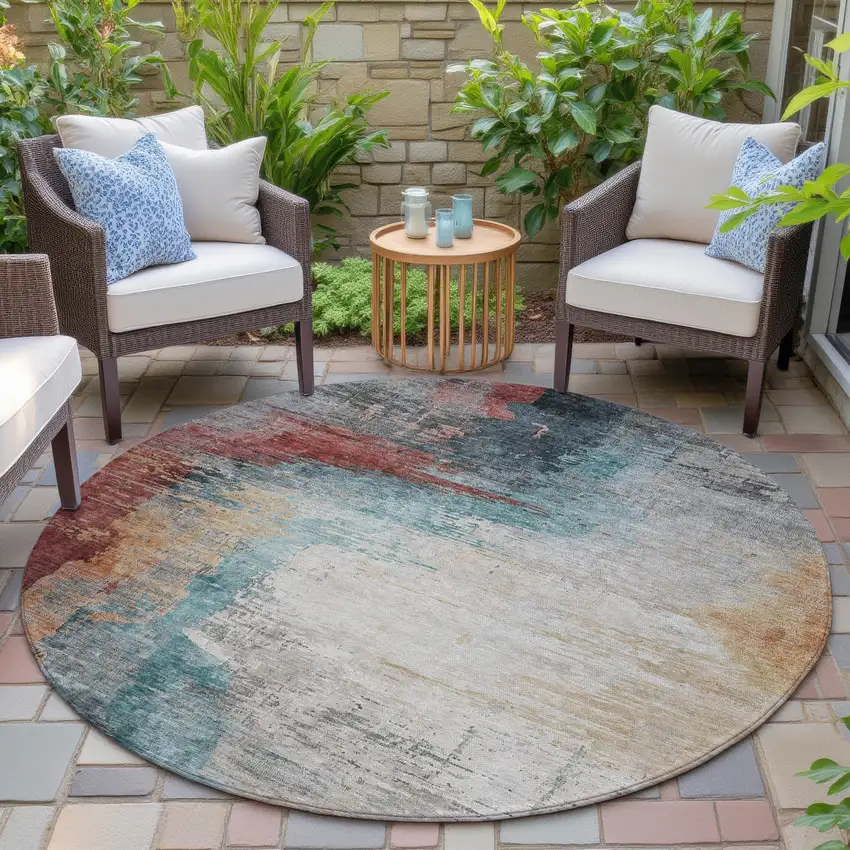 8' Teal Blue Mauve And Beige Round Abstract Washable Indoor Outdoor Area Rug Photo 6