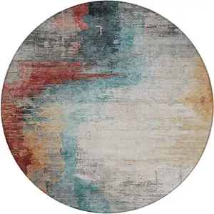 Photo of 8' Teal Blue Mauve And Beige Round Abstract Washable Indoor Outdoor Area Rug