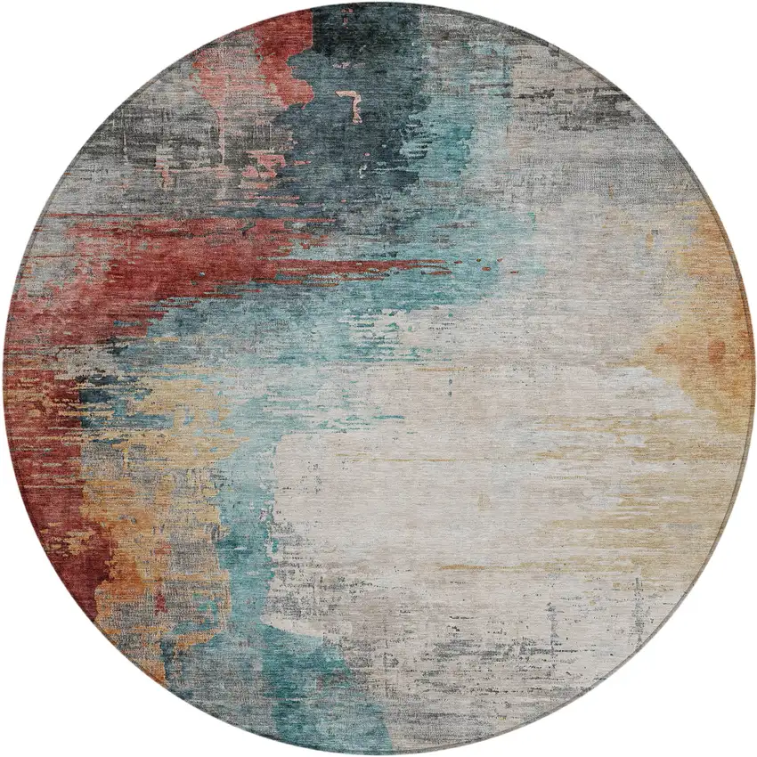 8' Teal Blue Mauve And Beige Round Abstract Washable Indoor Outdoor Area Rug Photo 1
