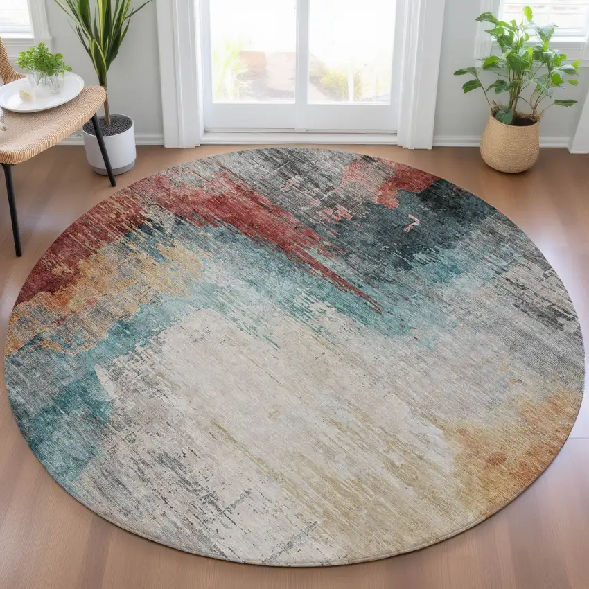 8' Teal Blue Mauve And Beige Round Abstract Washable Indoor Outdoor Area Rug Photo 7