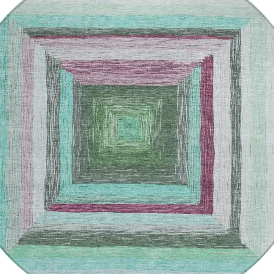 8' Teal Blue Mauve And Ivory Round Geometric Washable Indoor Outdoor Area Rug Photo 4