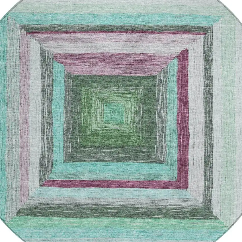 8' Teal Blue Mauve And Ivory Round Geometric Washable Indoor Outdoor Area Rug Photo 4