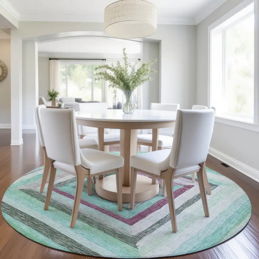 8' Teal Blue Mauve And Ivory Round Geometric Washable Indoor Outdoor Area Rug Photo 6