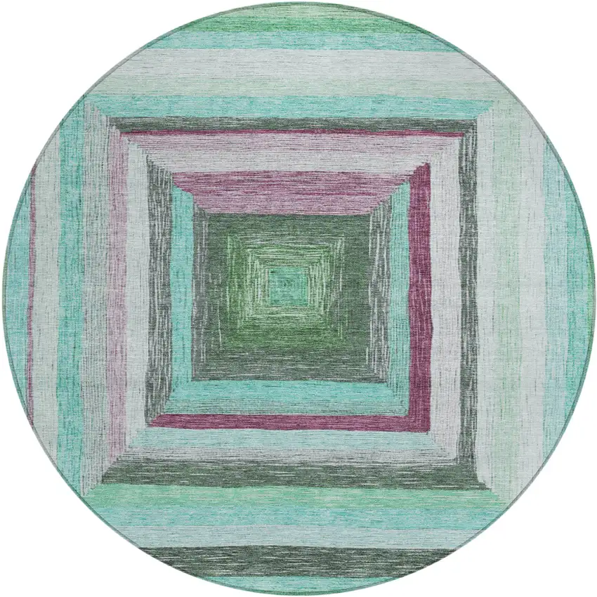 8' Teal Blue Mauve And Ivory Round Geometric Washable Indoor Outdoor Area Rug Photo 1