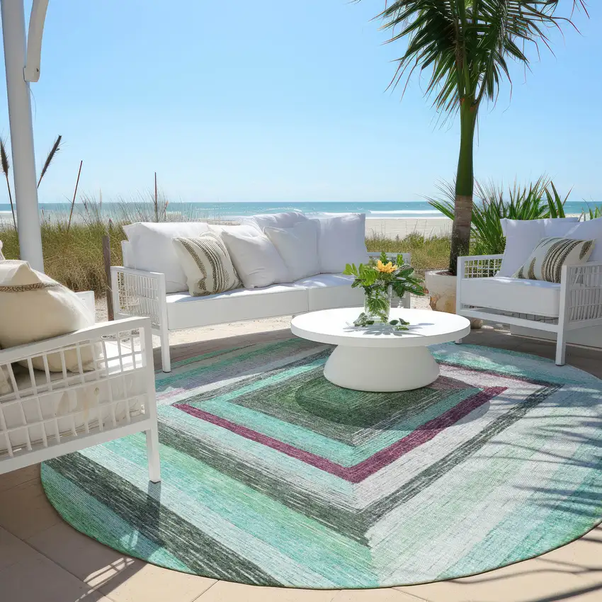 8' Teal Blue Mauve And Ivory Round Geometric Washable Indoor Outdoor Area Rug Photo 5