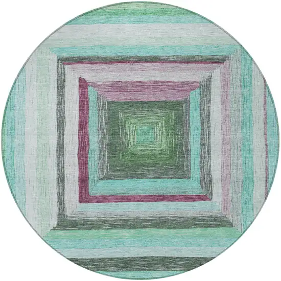 8' Teal Blue Mauve And Ivory Round Geometric Washable Indoor Outdoor Area Rug Photo 3