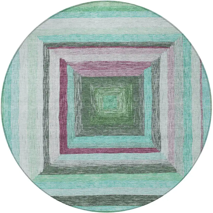 8' Teal Blue Mauve And Ivory Round Geometric Washable Indoor Outdoor Area Rug Photo 3