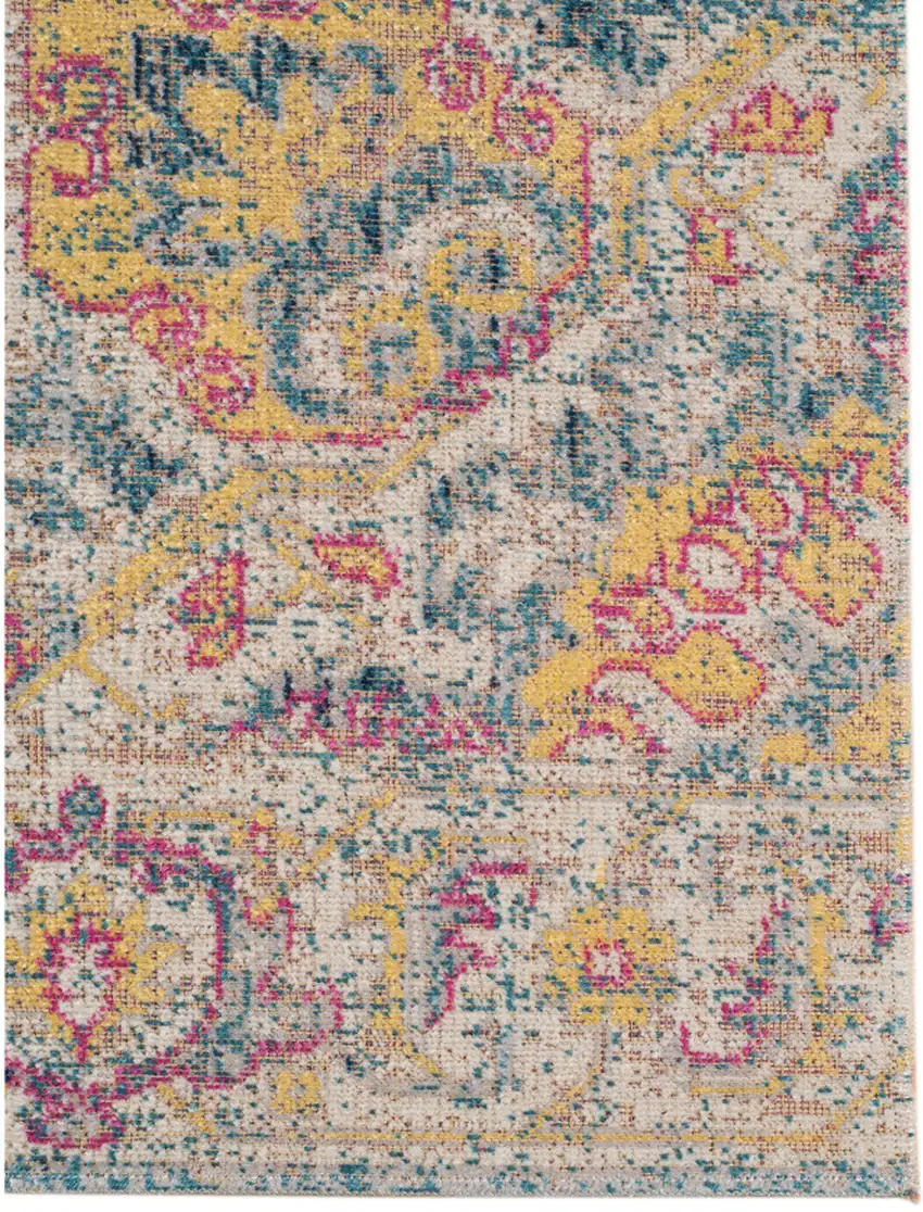 7' Teal Blue Medallion Power Loom Runner Rug With Fringe Photo 2