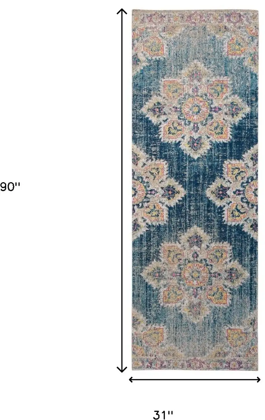 7' Teal Blue Medallion Power Loom Runner Rug With Fringe Photo 7