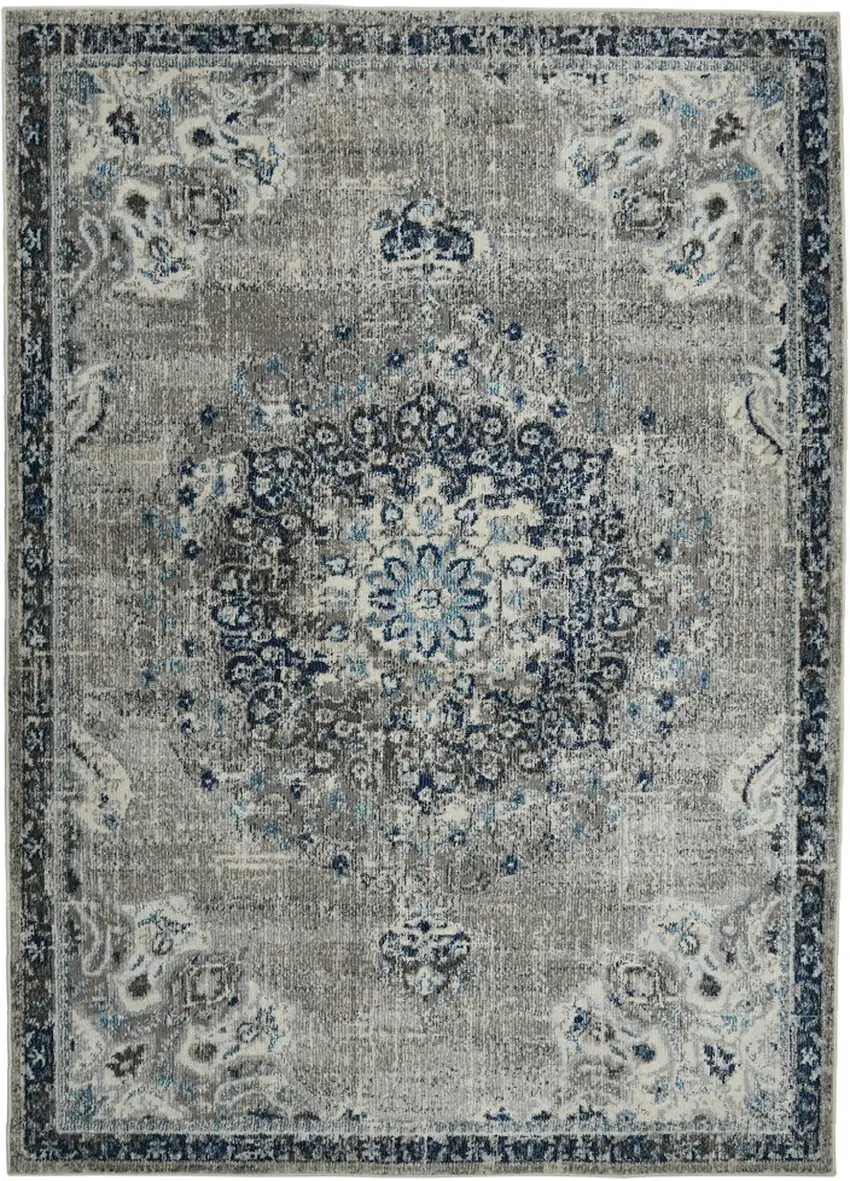 8' Teal Blue Medallion Power Loom Runner Rug Photo 1