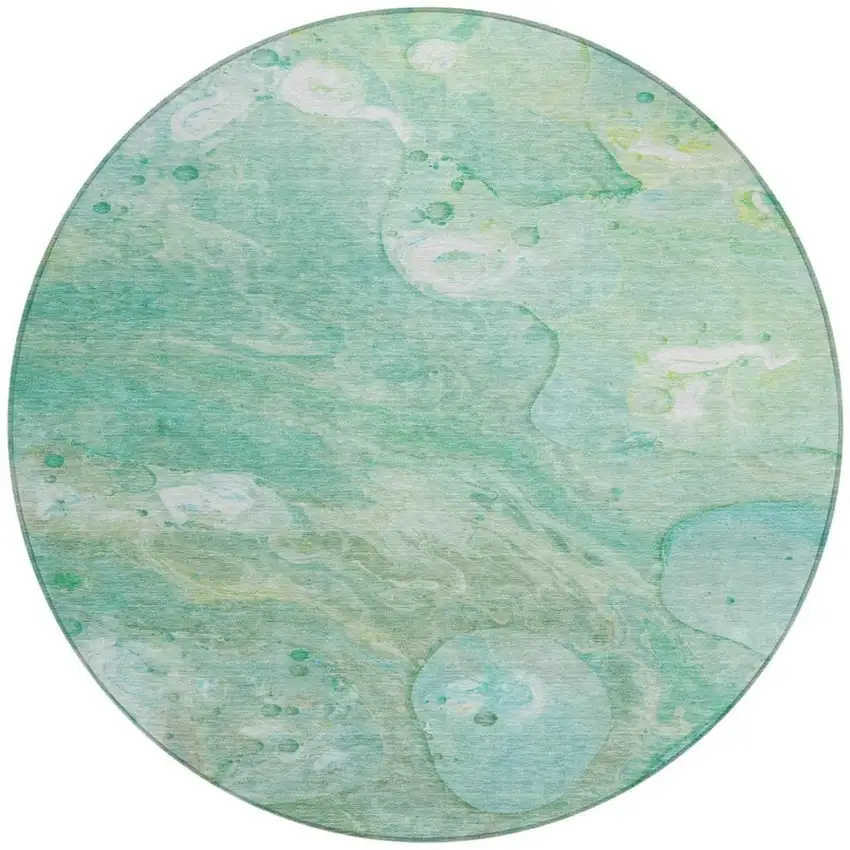 8' Teal Blue Mint Green And Ivory Round Abstract Washable Indoor Outdoor Area Rug Photo 3