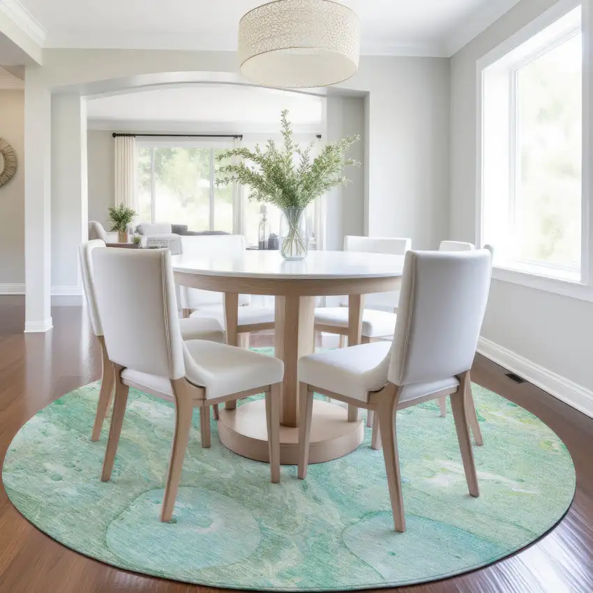 8' Teal Blue Mint Green And Ivory Round Abstract Washable Indoor Outdoor Area Rug Photo 6