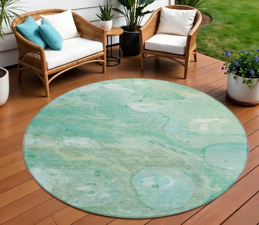 8' Teal Blue Mint Green And Ivory Round Abstract Washable Indoor Outdoor Area Rug Photo 2