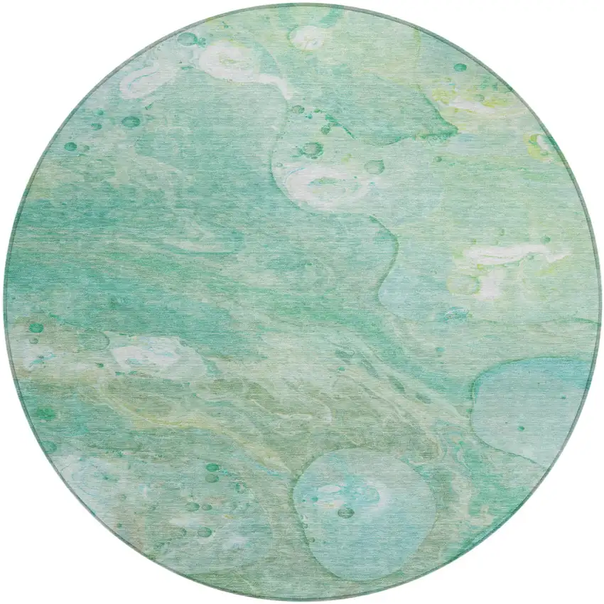 8' Teal Blue Mint Green And Ivory Round Abstract Washable Indoor Outdoor Area Rug Photo 1