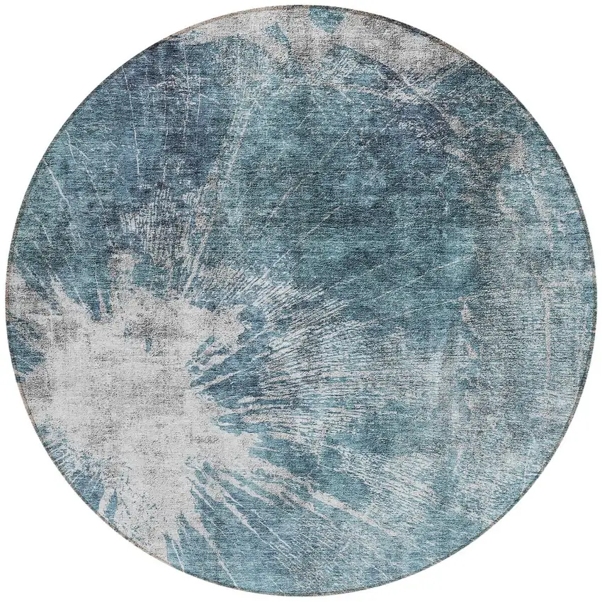 8' Teal Blue Navy Blue And Gray Round Abstract Washable Indoor Outdoor Area Rug Photo 5