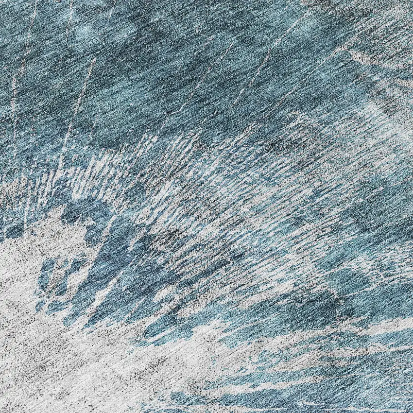 8' Teal Blue Navy Blue And Gray Round Abstract Washable Indoor Outdoor Area Rug Photo 9