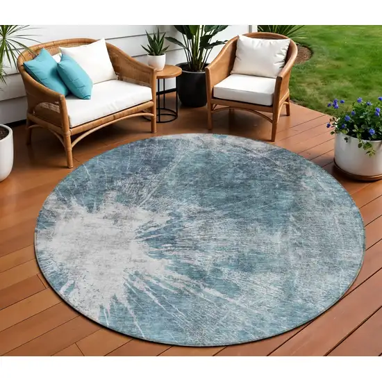 8' Teal Blue Navy Blue And Gray Round Abstract Washable Indoor Outdoor Area Rug Photo 1