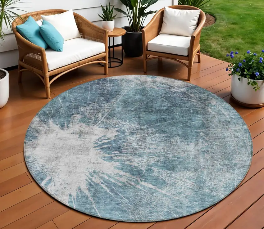 8' Teal Blue Navy Blue And Gray Round Abstract Washable Indoor Outdoor Area Rug Photo 1