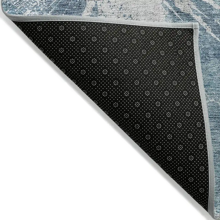 8' Teal Blue Navy Blue And Gray Round Abstract Washable Indoor Outdoor Area Rug Photo 2