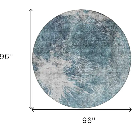 8' Teal Blue Navy Blue And Gray Round Abstract Washable Indoor Outdoor Area Rug Photo 8