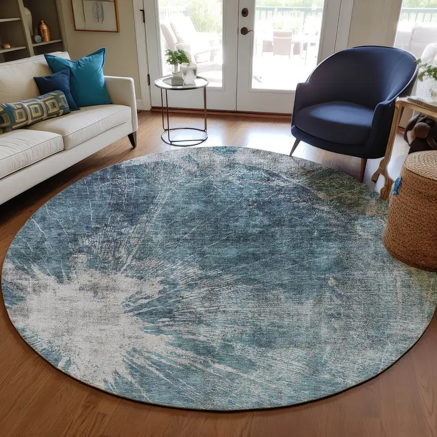 8' Teal Blue Navy Blue And Gray Round Abstract Washable Indoor Outdoor Area Rug Photo 7
