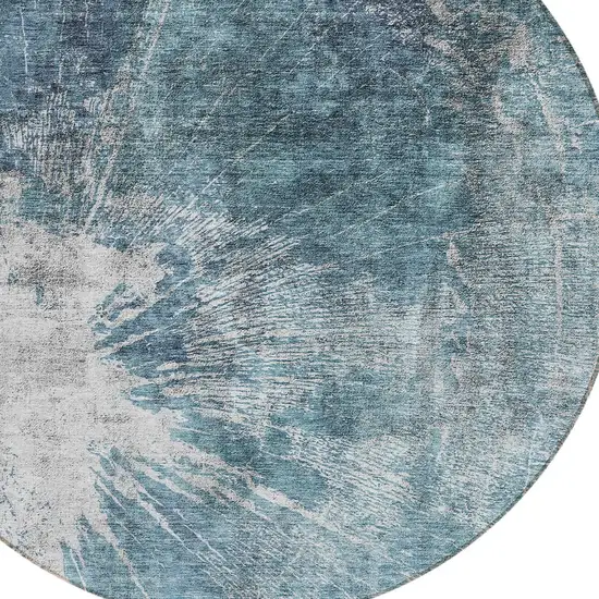 8' Teal Blue Navy Blue And Gray Round Abstract Washable Indoor Outdoor Area Rug Photo 4