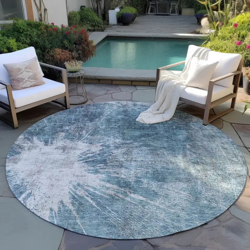 8' Teal Blue Navy Blue And Gray Round Abstract Washable Indoor Outdoor Area Rug Photo 6