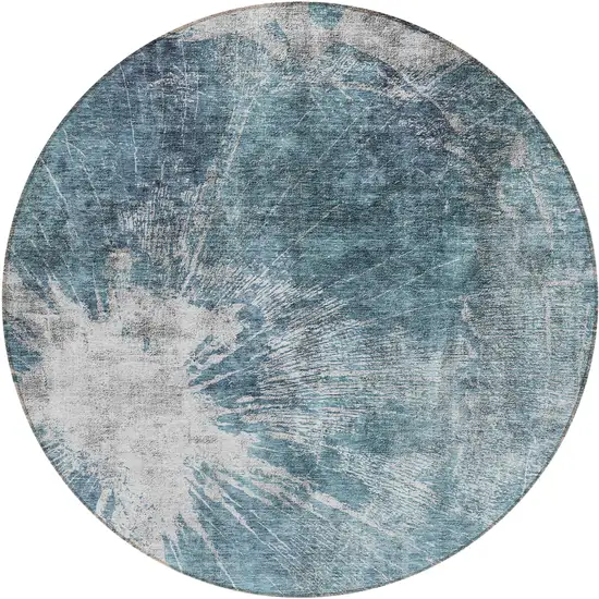 8' Teal Blue Navy Blue And Gray Round Abstract Washable Indoor Outdoor Area Rug Photo 1
