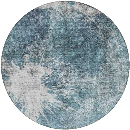 8' Teal Blue Navy Blue And Gray Round Abstract Washable Indoor Outdoor Area Rug Photo 1